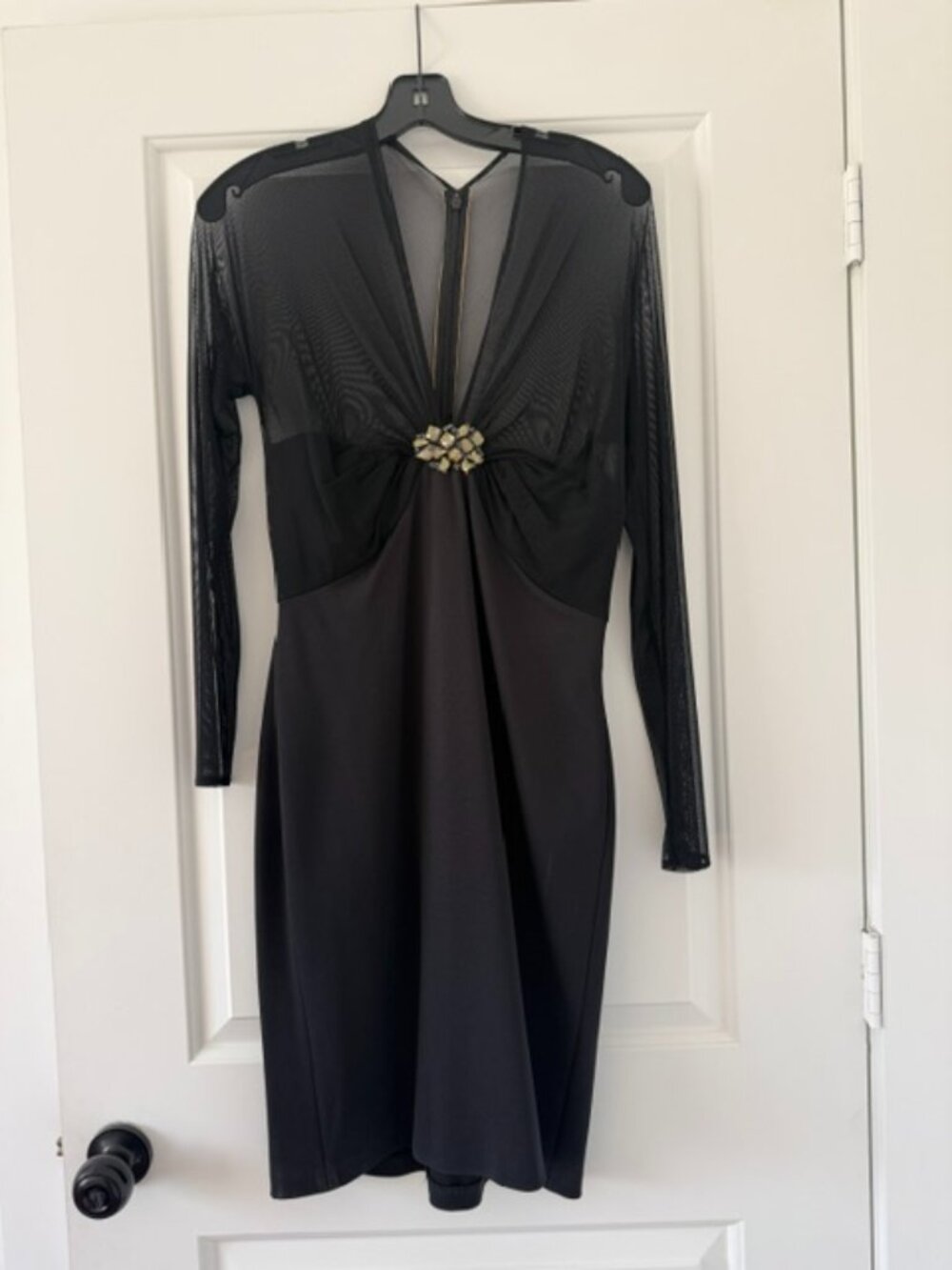 Tadashi Shoji Black Sheer Mesh Long Sleeve Jeweled Cocktail Dress M